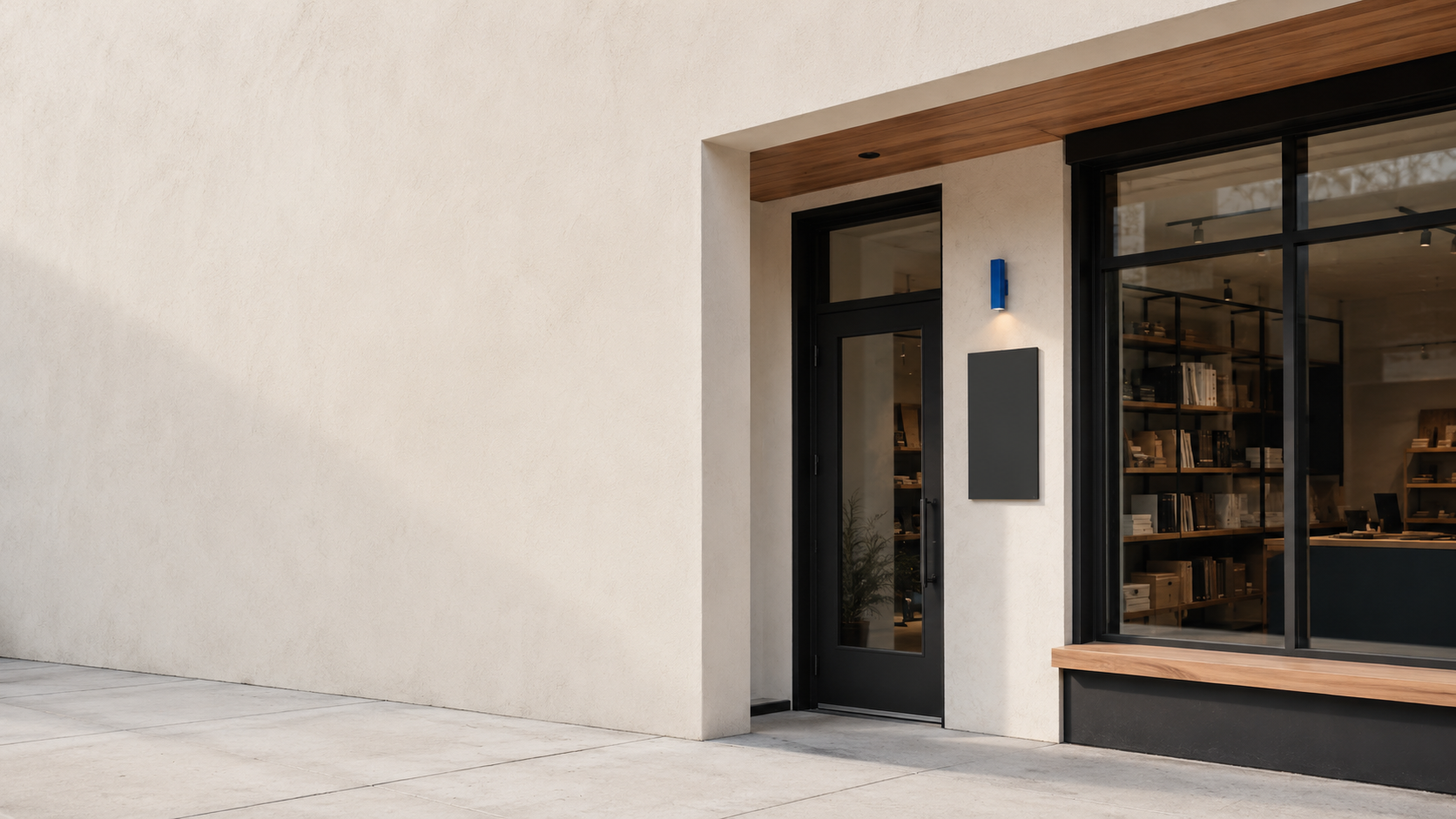 A minimal warm-white storefront with black-framed windows and wood architectural details