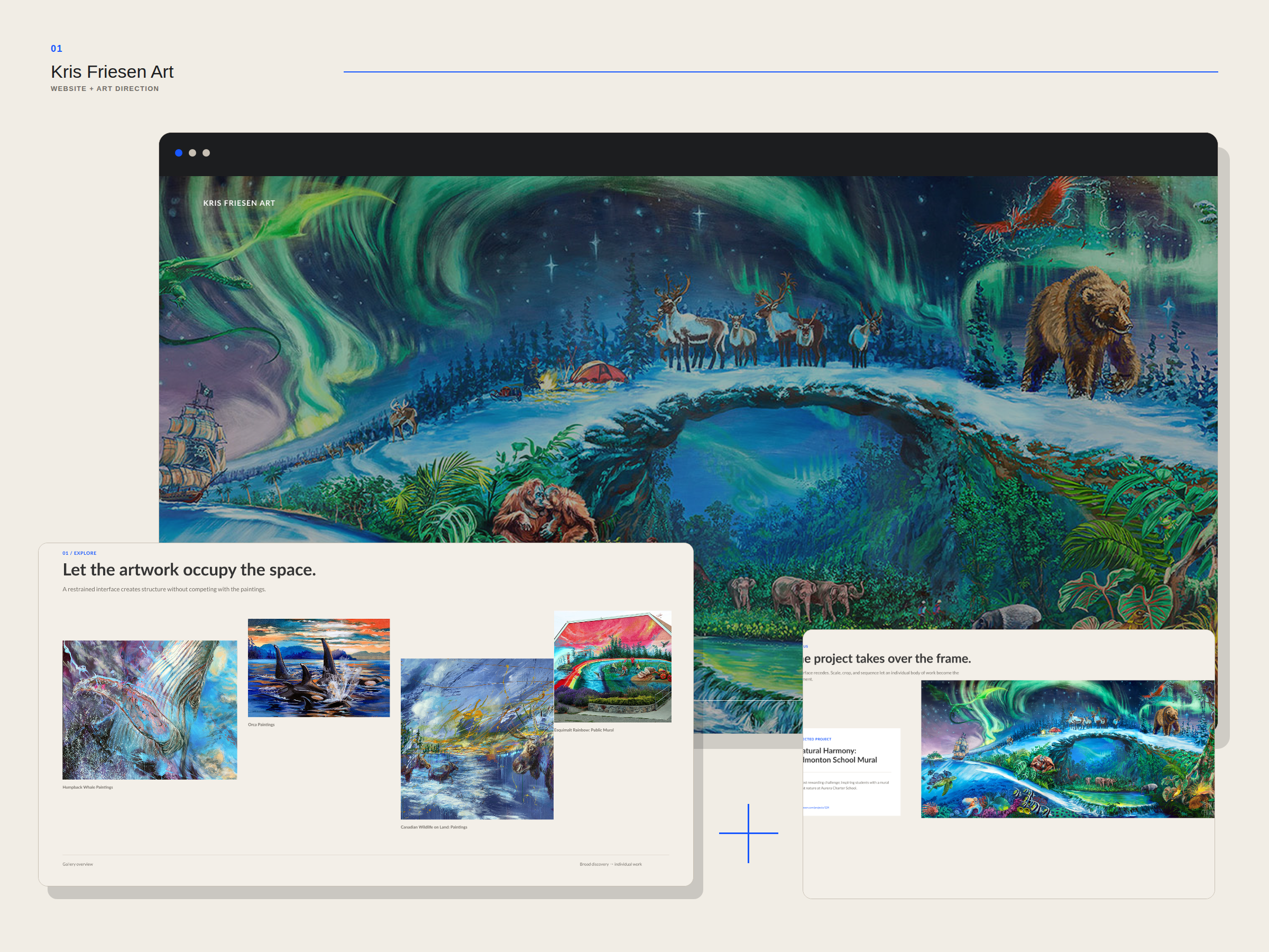 A staged presentation of the Kris Friesen Art website showing an immersive artwork-led homepage, gallery, and project view